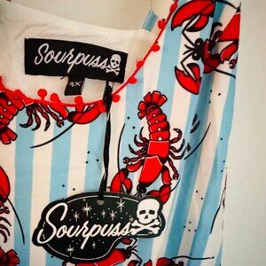 Sourpuss pinup striped lobster dress pom pom trim lined  2X NWT